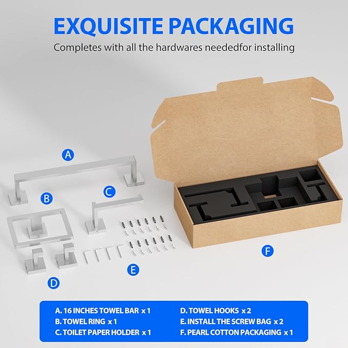 Brushed Nickel 5-Pieces Bathroom Hardware Set, SUS304 Rustproof Steel 16" Rectangle Bathroom Towel Racks Accessories Set, Luxury Hotel Grade Organization Hardware Kit