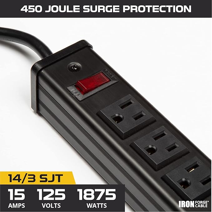 Iron Forge Cable 16 Outlet Heavy Duty Surge Protector Power Strip with Built-in Circuit Breaker, 14/3 SJT Black & Yellow with 9 ft Extension Cord