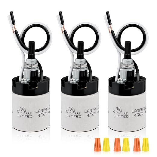 UL Listed Porcelain E26 Lamp Socket with 6'' Wire Lead, High Temp Resistant, Rotary Knob ON/Off Switch with 2 Wire Connectors Nuts for DIY Table Lamp,Pendant Light Replacement (3)