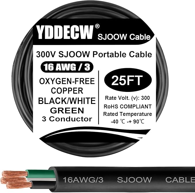 25ft 16/3 16 AWG Portable Power Cable (3 Conductor) - SJOOW 300V 16 Gauge Electric Wire for Motor Leads, Portable Lights, Battery Chargers and Machinery - 3 Conductor - 25 Feet Electrical Cord