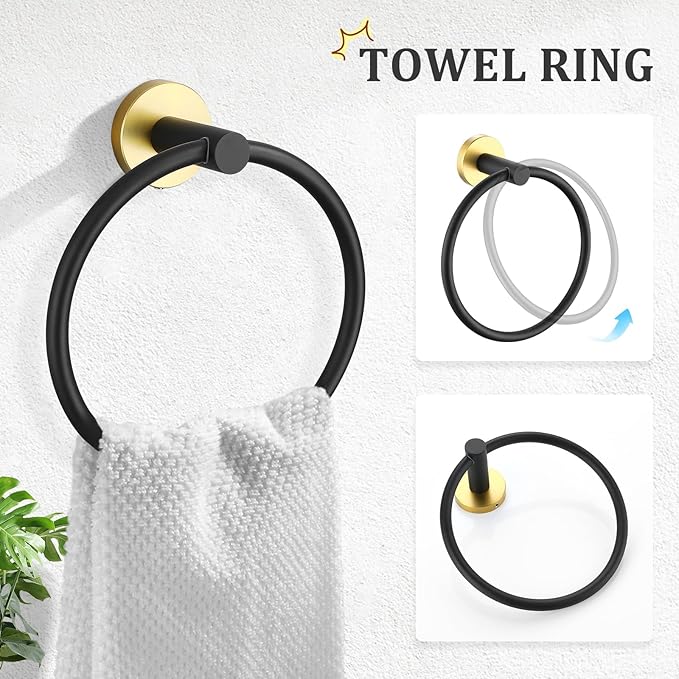 TURS Black and Gold Bathroom Hardware Set 5 Piece, SUS304 Stainless Steel Gold Black Towel Bar Set, 24 Inch Bathroom Accessories Kit Wall Mounted