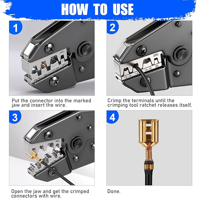 Crimping Tool for Non-Insulated Open Barrel Terminals-AWG 20-10 Ratchet Wire Crimper Tool-Wire Terminal Crimper-For Molex Female Male Spades Bullet