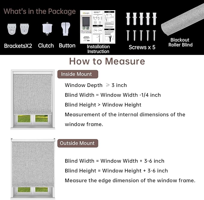 ALLBRIGHT 100% Blackout Roller Blinds Woven Shades with Striped Jacquard, Cordless Window Shades, UV Protection Fabric, Easy-Install for Indoor Home & Office, Grey, 23" W x 72" H