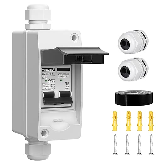 DC Solar Panel Disconnect Switch 50 Amp AC Miniature Circuit Breaker Box 500V 2 Poles with IP65 Waterproof UV-Proof Box for Outdoor Solar PV Homes Battery