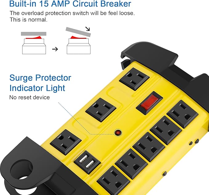 Heavy Duty Power Strip with USB, Workshop 8 Outlet Surge Protector 2700 Joules, Industrial Metal 15Amp Power Strip, 25 FT Extension Cord and Wide Spaced. Yellow