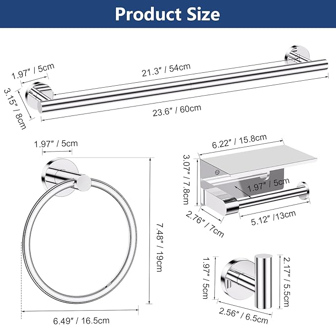 TQKAG 5 Piece Bathroom Towel Bar Holder Sets Polished Chrome Bathroom Hardware Set Stainless Steel Toilet Paper Holder with Shelf Bathroom Accessories Kit Wall Mounted