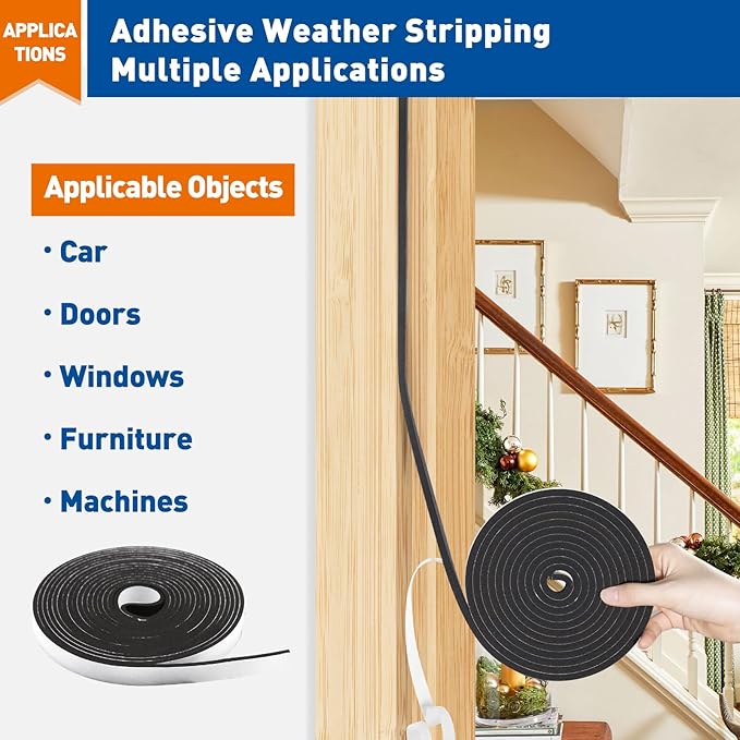 MAGZO Weather Stripping Door Seal, 1/2 in W X 1/8 in T X 99 Ft Total Adhesive Foam Insulation Tape for Windows 16.5 ft X 6 Rolls, Black
