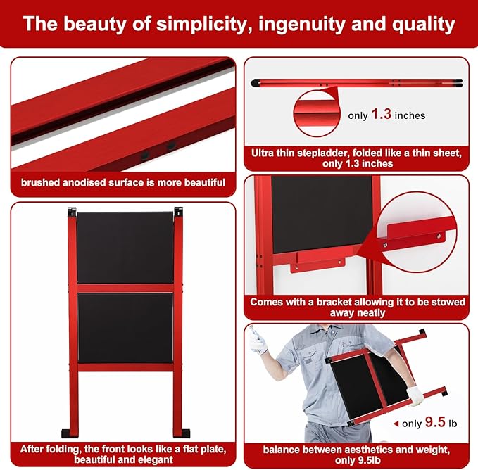 2 Step Ladder,Aluminum Ultra Thin Folding Step Stool,400 Lbs Capacity Heavy Duty with Anti-Slip Sturdy and Wide Steps,Closet Slim Step for Home,Kitchen and Office,Space Saving (Red, 2-Step)