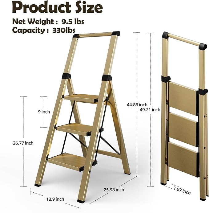 Taranta 3 Step Ladder, Portable Folding Ladder with Wide Pedal, Lightweight Aluminum Step Stool with Convenient Handgrip, 330 lbs Capacity Stepladder for Home, Office - Gold