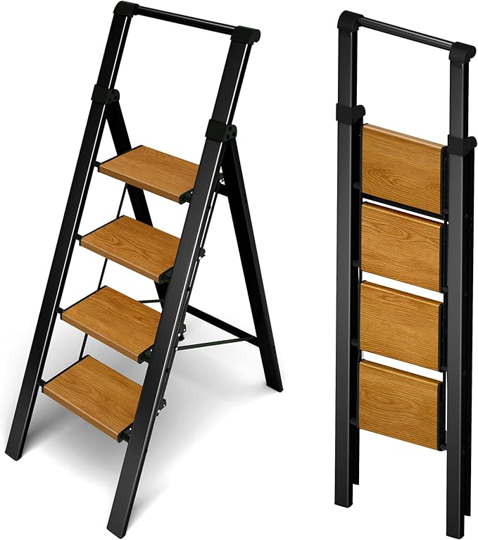 Taranta 4 Step Ladder, Portable Folding Ladder with Wide Pedal, Lightweight Aluminum Step Stool with Convenient Handgrip, 330 lbs Capacity Stepladder for Home, Office - BlackWoodgrain