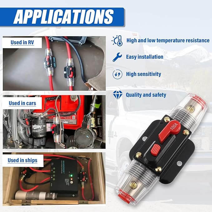 BOJACK 100A Audio Inline Circuit Breaker Reset Fuse Holder 12-24V DC Manual Reset Fuse Holder 3-15 AWG Overload Protection for Car Audio Sound Amplifier System RV Marine Boat Truck Solar Inverter