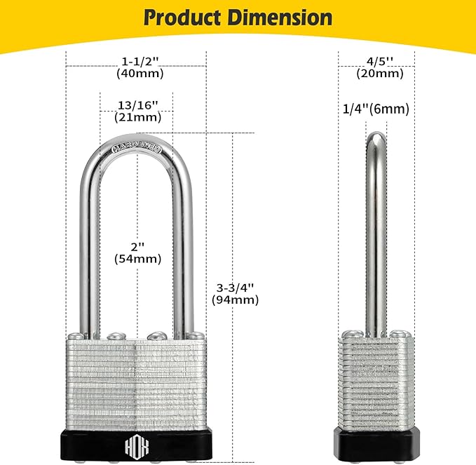 HOX Keyed-Alike Padlocks w/ 2” Long Hardened Shackle, 1-9/16” Wide Body, 6-Pack Shackle Padlock for Hasp Latch, Shed, Fence, Storage Locker