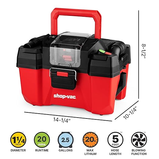 Shop-Vac 20V Cordless Wet/Dry Vacuum, 2.5-Gallon Tank, 5ft Hose, 4.0A Battery and Charger Included