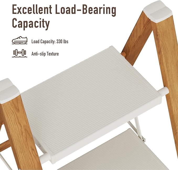 4 Step Lightweight Aluminum Folding Ladder, Portable Step Stool with Anti-Slip Pedals, 330 lbs Capacity for Home, Office, Kitchen(White&Woodgrain)