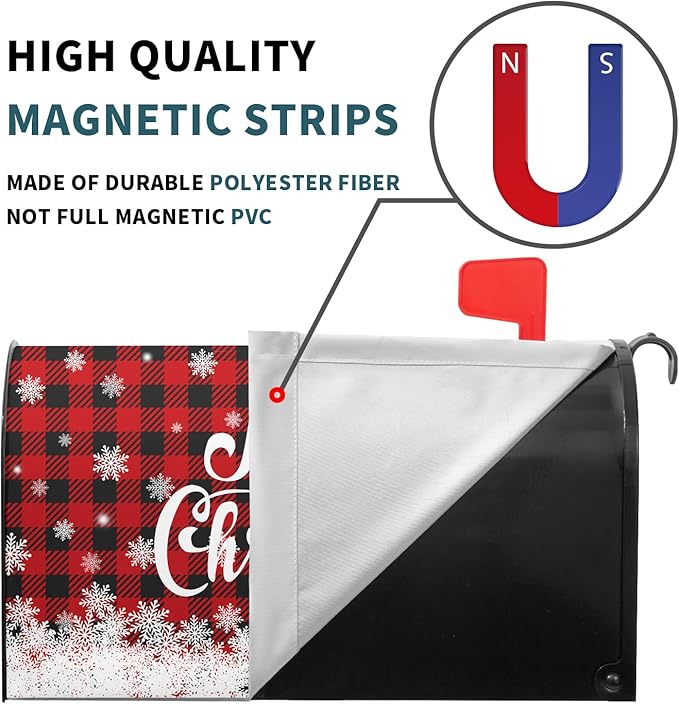 Kawani Merry Christmas Mailbox Cover Winter Snowflake Red Black Buffalo Plaid Christmas Decorative Mailbox Cover Magnetic Standard Size 21x18 Inch Xmas Post Box Cover Wraps for Garden Yard Decor
