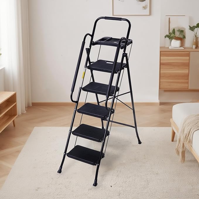 Valeo 5 Step Ladder with Handrails,500 Lbs Capacity,Folding Step Stool Ladder with Tool Platform,Wide Anti-Slip Pedal,Step Ladder 5 Step Folding,Multi-use for Home,Kitchen,Office,Black