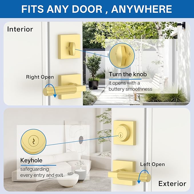 Amerdeco Front Door Lock Set with Double Cylinder Deadbolt, Exterior Entry Door Lever, Heavy Duty Entry Door Locksets for Left or Right Hand Exterior Door(Brushed Gold 2 Pack)