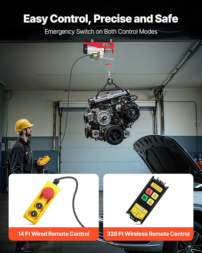 VEVOR Electric Hoist, 2200 lbs 120V Electric Winch with 328 ft Wireless & 14 ft Wired Remote Control, 40 ft Single Cable Lifting Height, Single/Double Slings, Lift Hoist for Garage Warehouse Factory