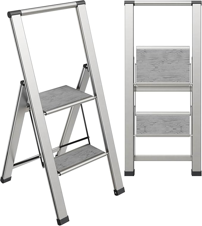 Step Ladder 2 Step Folding, Decorative - Beautiful Gray Wood & Silver Aluminum, Ultra Slim Profile, Anti Slip Steps, Sturdy-Portable for Home, Office, Kitchen, Photography Use,by SORFEY