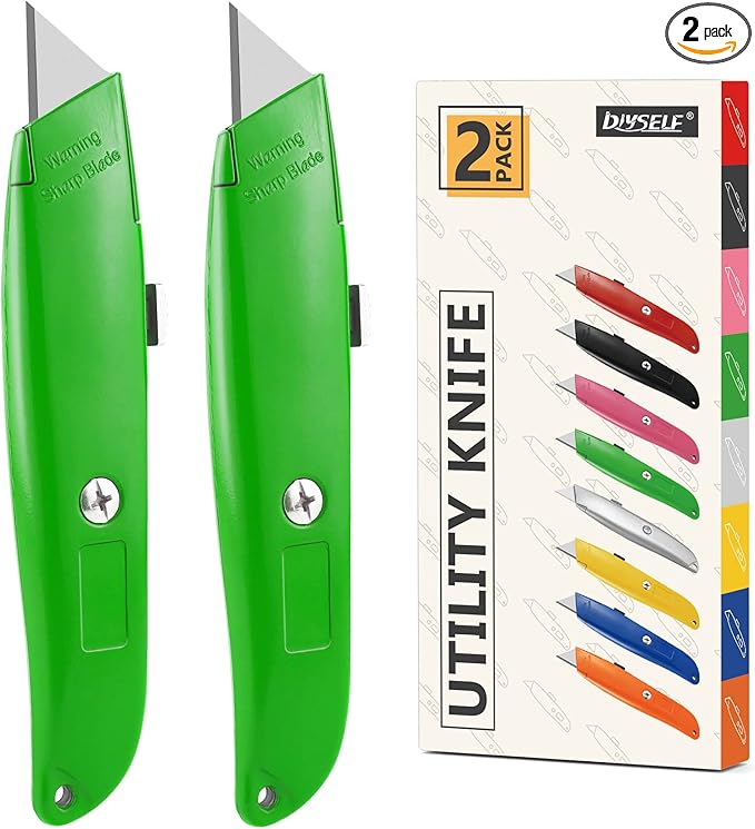 DIYSELF 2Pack Utility Knife Box Cutter Retractable Blade Heavy Duty (Green)