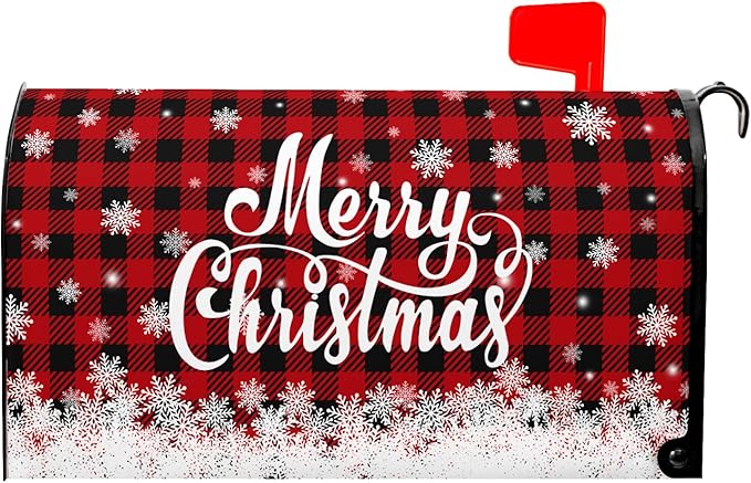 Kawani Merry Christmas Mailbox Cover Winter Snowflake Red Black Buffalo Plaid Christmas Decorative Mailbox Cover Magnetic Standard Size 25.5x21 Inch Xmas Post Box Cover Wraps for Garden Yard Decor
