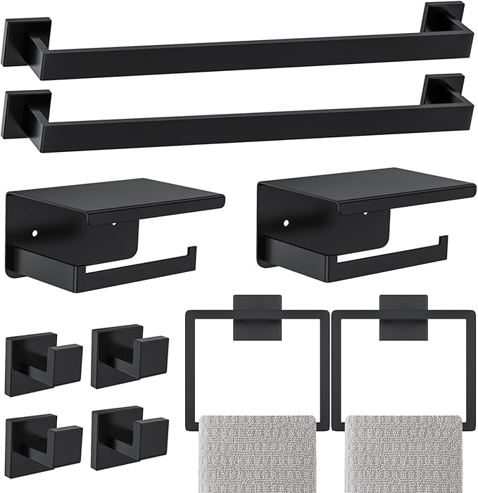 Matte Black Bathroom Hardware Accessories Set 10-Pieces Black Towel Bar Set Stainless Steel Towel Holder Set 23.6 Inch Towel Bar,Towel Racks Set for Bathroom Wall Mounted