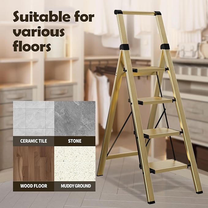 Taranta 4 Step Ladder, Portable Folding Ladder with Wide Pedal, Lightweight Aluminum Step Stool with Convenient Handgrip, 330 lbs Capacity Stepladder for Home, Office - Gold