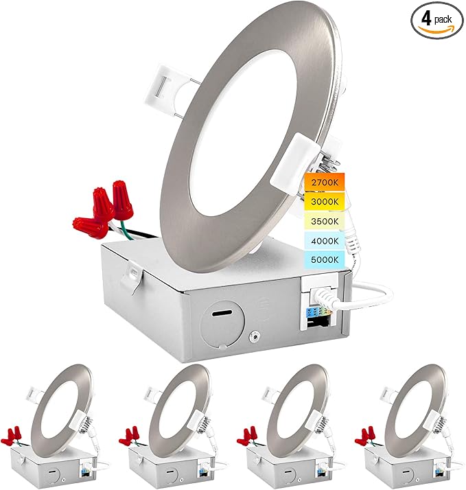 LUXRITE 4 Inch Ultra Thin LED Recessed Light with J-Box, 10W, 5 Color Options 2700K | 3000K | 3500K | 4000K | 5000K, Dimmable Wafer Lights, 750 Lumens, Brushed Nickel, Energy Star, IC Rated (4 Pack)