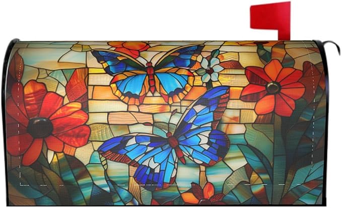 Giwawa Stained Glass Butterfly Mailbox Cover Fall Mailbox Covers Magnetic Autumn Mail Box Covers Standard Size 18 x 21 Thanksgiving Decorations Outdoor Welcome Mailbox Wrap
