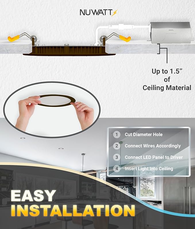 NUWATT 12 Pack 6 Inch Ultra-Thin Bronze LED Recessed Lighting, 5CCT 2700K/3000K/3500K/4000K/5000K Selectable, High Brightness 1050 Lumens, Dimmable Canless Slim Wafer Light, IC Rated, Metal J-Box, ETL