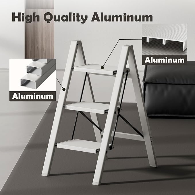 Taranta 3 Step Ladder,Aluminum Lightweight Folding 3 Step Stool with Anti-Slip Wide Pedal,330lbs Capacity Step Ladder for Household,Kitchen,Office - Misty Gray