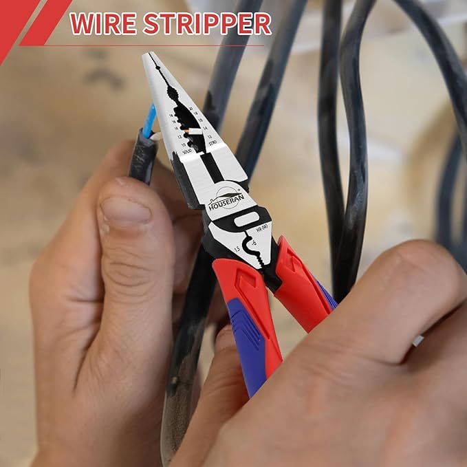 Needle Nose Pliers, Long Needle Nose Pliers with Wire Stripper and Crimper, 8.4 Inch Long Lose Pliers, 5-in-1 Needle Nose for Bending, Crimping, and Stripping