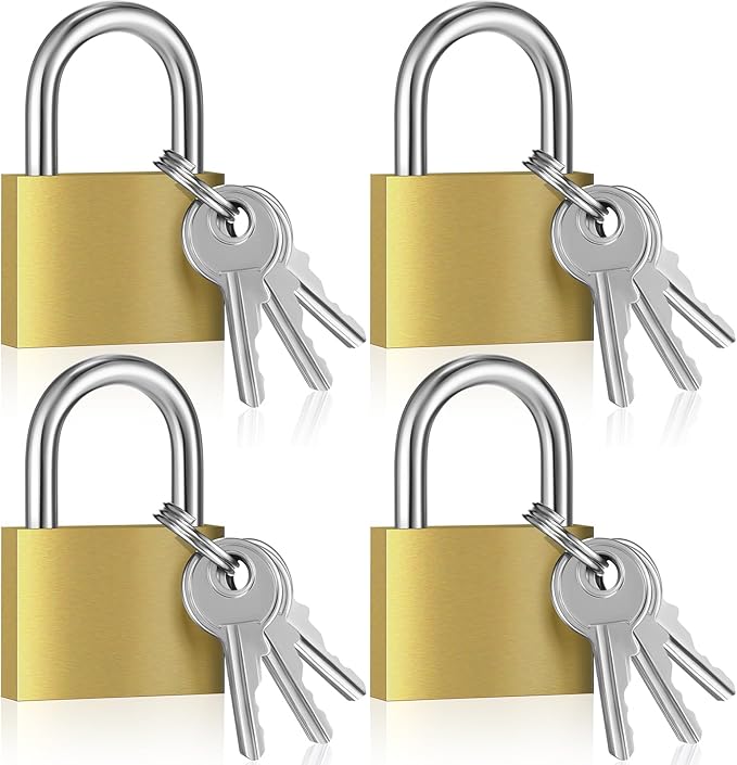 4 Pcs Solid Brass Keyed Padlock, Small Yellow Gym Lock, Strong Padlock with Same Key for Luggage Toolbox (30mm 1-3/16'')
