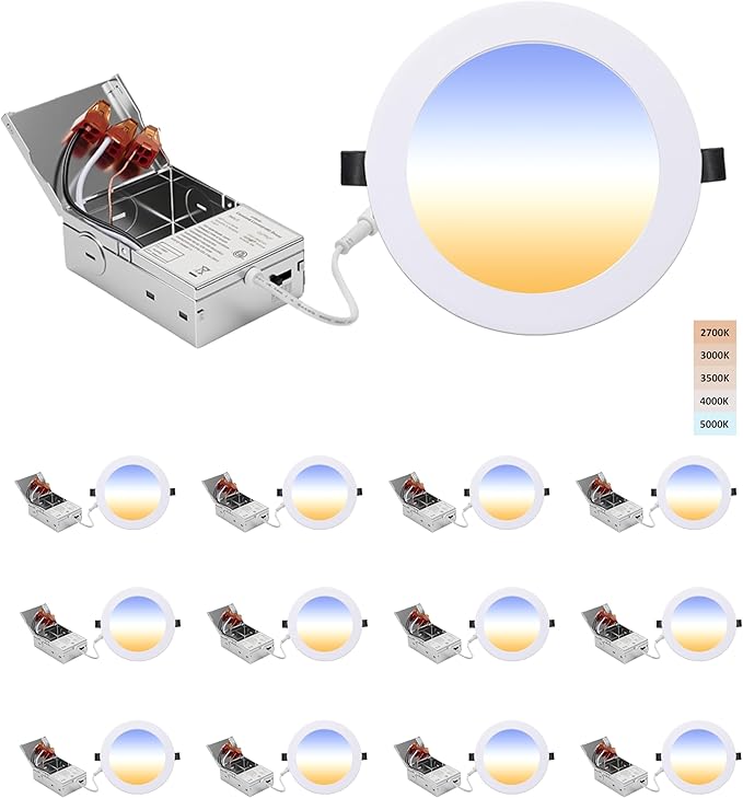 6-inch LED Recessed Lights - Slim Recessed Ceiling Light with Junction Box, 12W 5CCT Canless Lighting Fixture, Dimmable, Easy Install for Bedroom, Kitchen, Living Room, 12 Pack, White