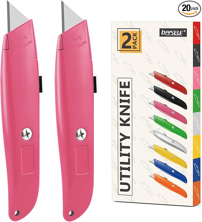 DIYSELF Utility Knife, 20 Pack Heavy Duty Box Cutter Retractable, Box Cutter Knife, Box Opener, Cardboard Cutter, Utility Knives for Garage, Home and Office, Box Cutters for Daily Use (Pink)