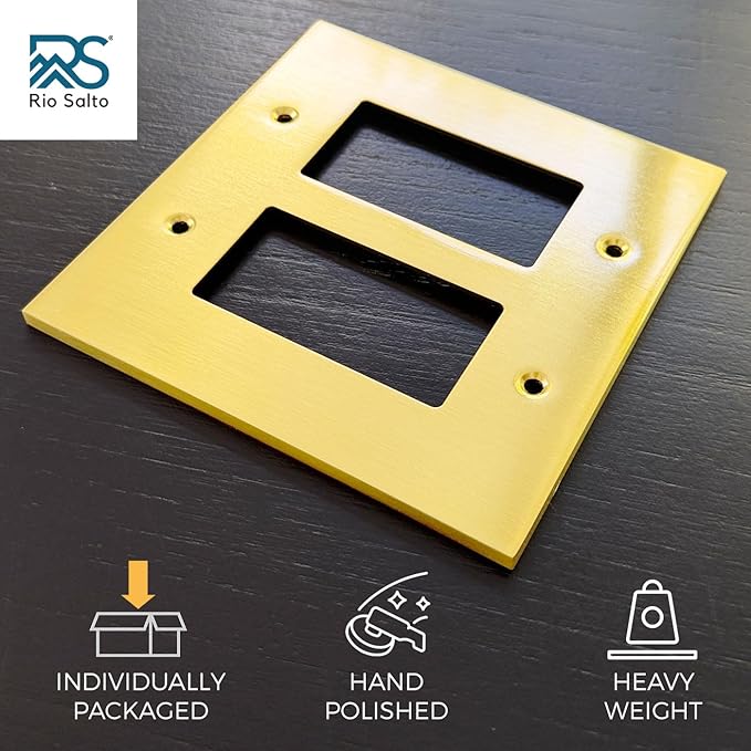 Rio Salto Modern Metal Vibrant Yellow Gold Double Decorator Wall Outlet Cover Light Switch Double Rocker Decora Decorator Wall Plate MIDSIZE Covers Decorative Receptacle (Rocker, 2-Gang, 2-Pack)