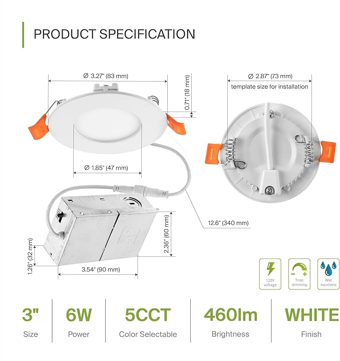 ASD 6 Pack 3 Inch LED Recessed Light 6W, 5 CCT 2700K-5000K CRI90+, IC Rated Ultra Thin Dimmable Ceiling Lights with J Box, Canless Wafer Downlight, Round Slim Panel Lighting, UL Energy Star, White