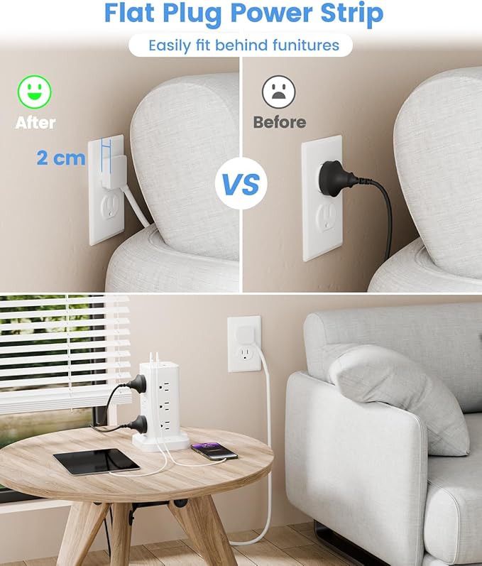 15-in-1 Power Strip Tower with Surge Protector 1800J, Fast Charging Tower PD20W USB-C Ports with 12 AC Outlets, 9.8ft Extension Cord for Home Office Dorm Room, White