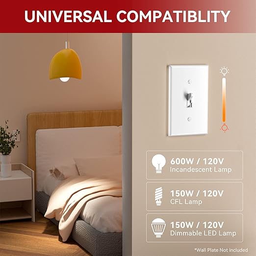 AIDA Toggle Slide Dimmer Switch for Dimmable LED Light/CFL/Incandescent 600 Watt max, Single-Pole or 3-Way, Rocker On/Off Wall Switch with Dimmer Slider, Wall Plate NOT Included, UL, White, 2 Pack