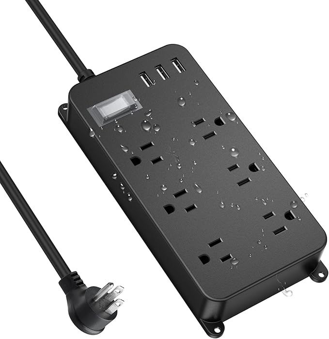 Outdoor Power Strip Weatherproof with USB,Waterproof Surge Protector,3 USB Ports, 6 Outlets,Multi Plug Electrical Outlet for Camping,Garden,Home Office Patio Porch,etc,15FT Cord,Flat Plug