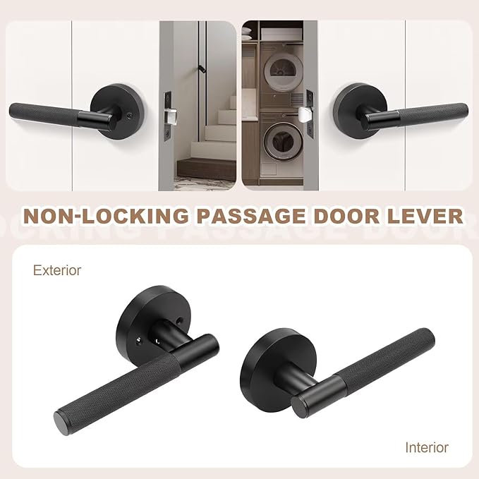Black Matte Door Handles Interior No Lock, Passage Door Levers for Hallway & Closet, Modern Knurled Round Reversible Handle, 1 Pack