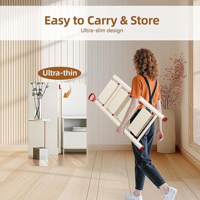 ASPERALD 4 Step Ladder with Single-Handrail,Foldable Step Stool with Anti-Slip Wide Pedals for Home Kitchen Closet, Step Ladder 4 Step Folding White