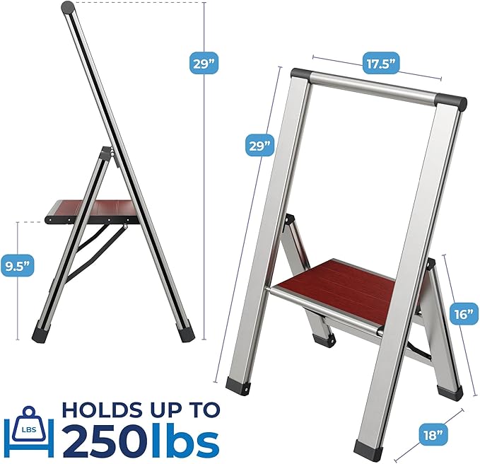 Step Ladder 1 Step Folding, Decorative - Beautiful Mahogany & Silver Aluminum, Ultra Slim Profile, Anti Slip Steps, Sturdy-Portable for Home, Office, Kitchen, Photography Use,by SORFEY