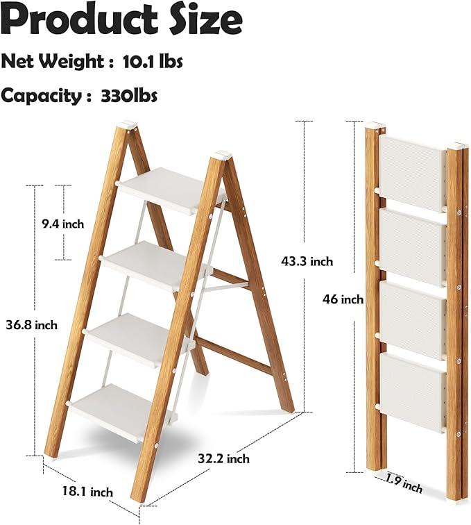 Taranta 4 Step Ladder,Aluminum Lightweight Folding 4 Step Stool with Anti-Slip Wide Pedal,330lbs Capacity Step Ladder for Household,Kitchen,Office - White Woodgrain