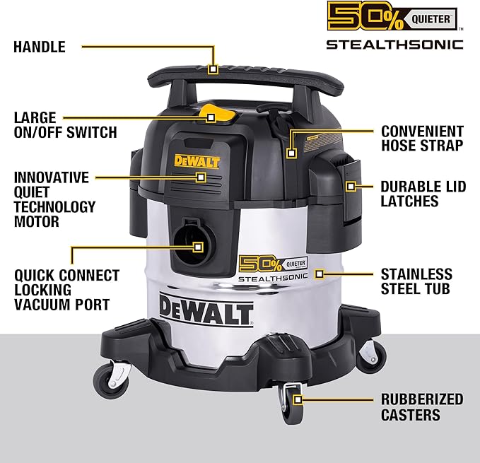 DEWALT 5 Gallon 4 HP STEALTHSONIC Shop Vacuum Wet and Dry DXV05S-QTB Ultra Quiet Stainless Steel Wet/Dry Vacuum Cleaner with Powerful Suction for Garage, Jobsite, and Workshop