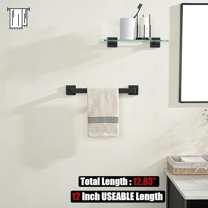 JQK Black Towel Bar, Rounded Edges 14.41 Inch Towel Rack, 304 Stainless Steel Bathroom Wall Mount, Useable Length 12 Inch, TB250L12-PB