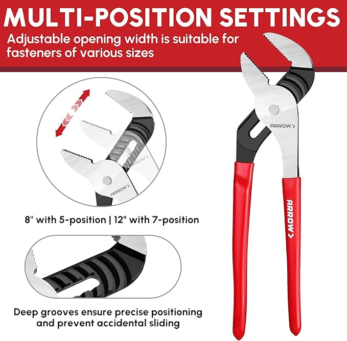 ARROW 2-Piece Groove Joint Pliers Set, Adjustable Water Pump Pliers Set (8" & 12") with 5 & 7 Jaw Positions, Serrated Jaws and Comfort Dip-grip Handle, for Plumbing Repair and Home Maintenance