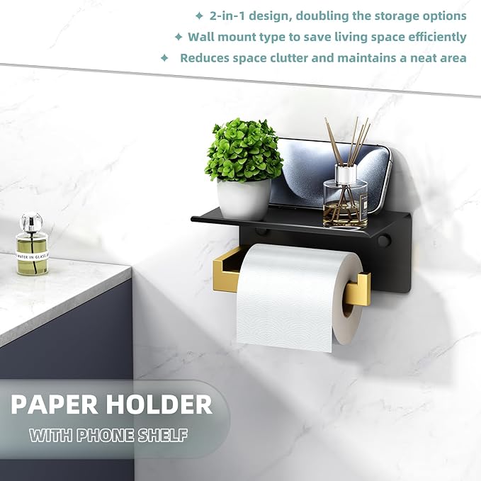 Toilet Paper Holder with Phone Shelf Black & Gold, APLusee 304 Stainless Steel Tissue Roll Dispenser Storage, Bathroom Accessories Wall Mounted