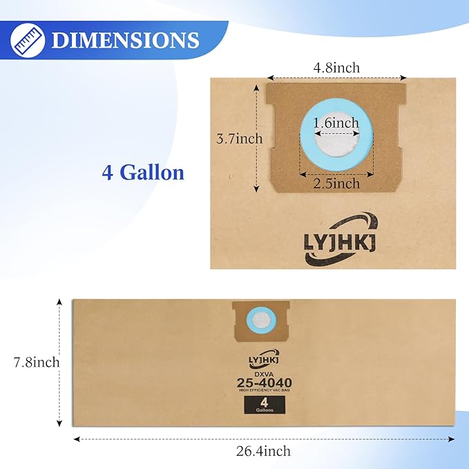 10 Pack DXVA25-4040 Vacuum Bags for DEWALT 4 Gallon Wet/Dry Vacuum, Disposable Shop Vac Bags, Dust Collection Bag Replacement