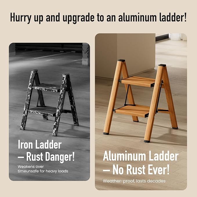 2 Step Ladder,Aluminum Folding Step Stool for Adults,Step Ladder with Wide Anti-Slip Pedal,330 lbs Capacity for Home,Office,Kitchen,Library(Woodgrain)